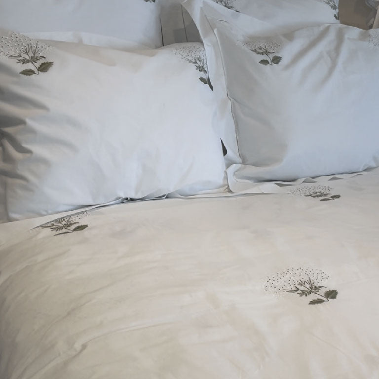 White Embroidered Hydrangeas on Italian Linen