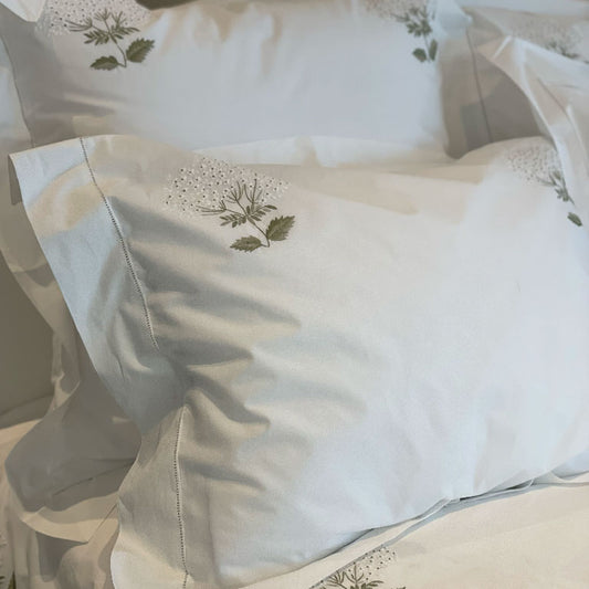 White Embroidered Hydrangeas on Italian Linen