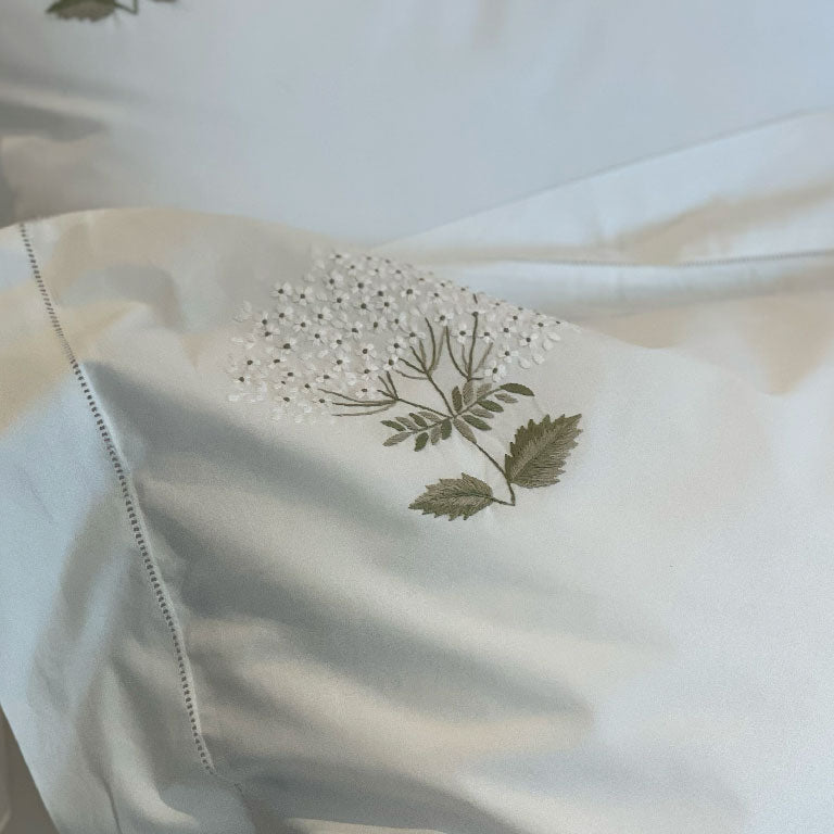 White Embroidered Hydrangeas on Italian Linen