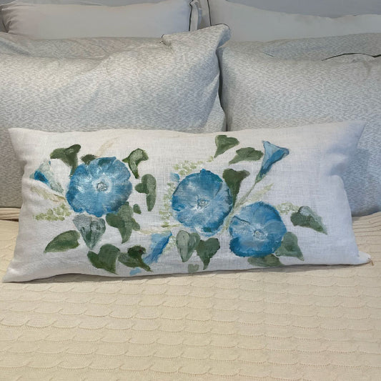 Hand Painted Kidney Pillow - Blue Morning Glories
