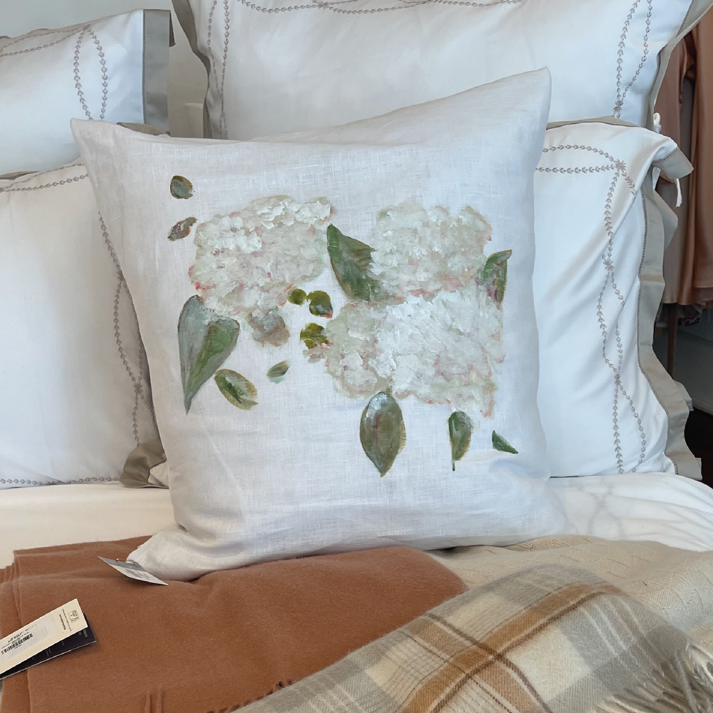 Hand Painted White Autumnal Hydrangeas Pillow