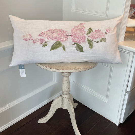 Hand Painted Kidney Pillow - Pink Hydrangeas